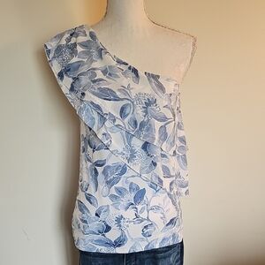 White House Black Market Blue Floral One-Shoulder Blouse